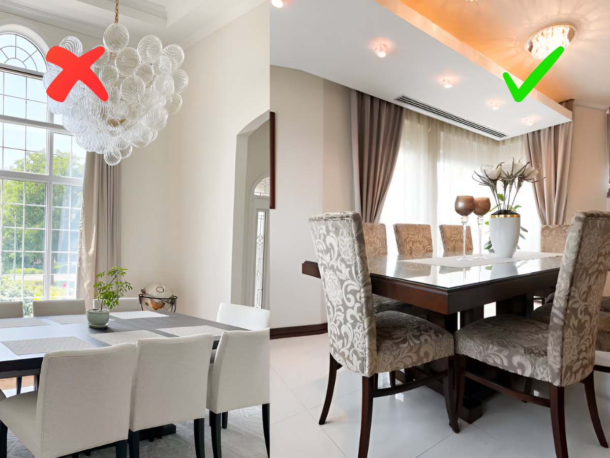 Đèn chùm mang lại cảm giác nặng nề (Nguồn ảnh: Archidzielo & Amazon)