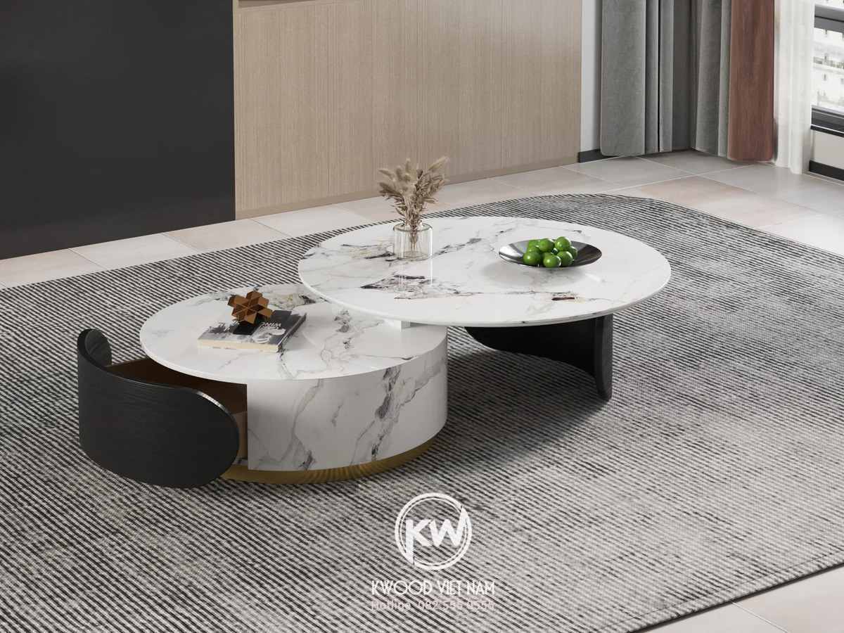 Mẫu bàn thưởng thức trà hình tròn mặt đá Travertine mang xu hướng ấn tượng của năm