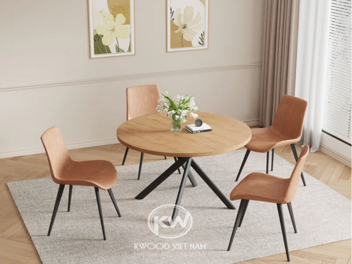 Bàn ăn tròn mặt gỗ 4 ghế chân đế kim loại – BA210 Kwood Việt Nam