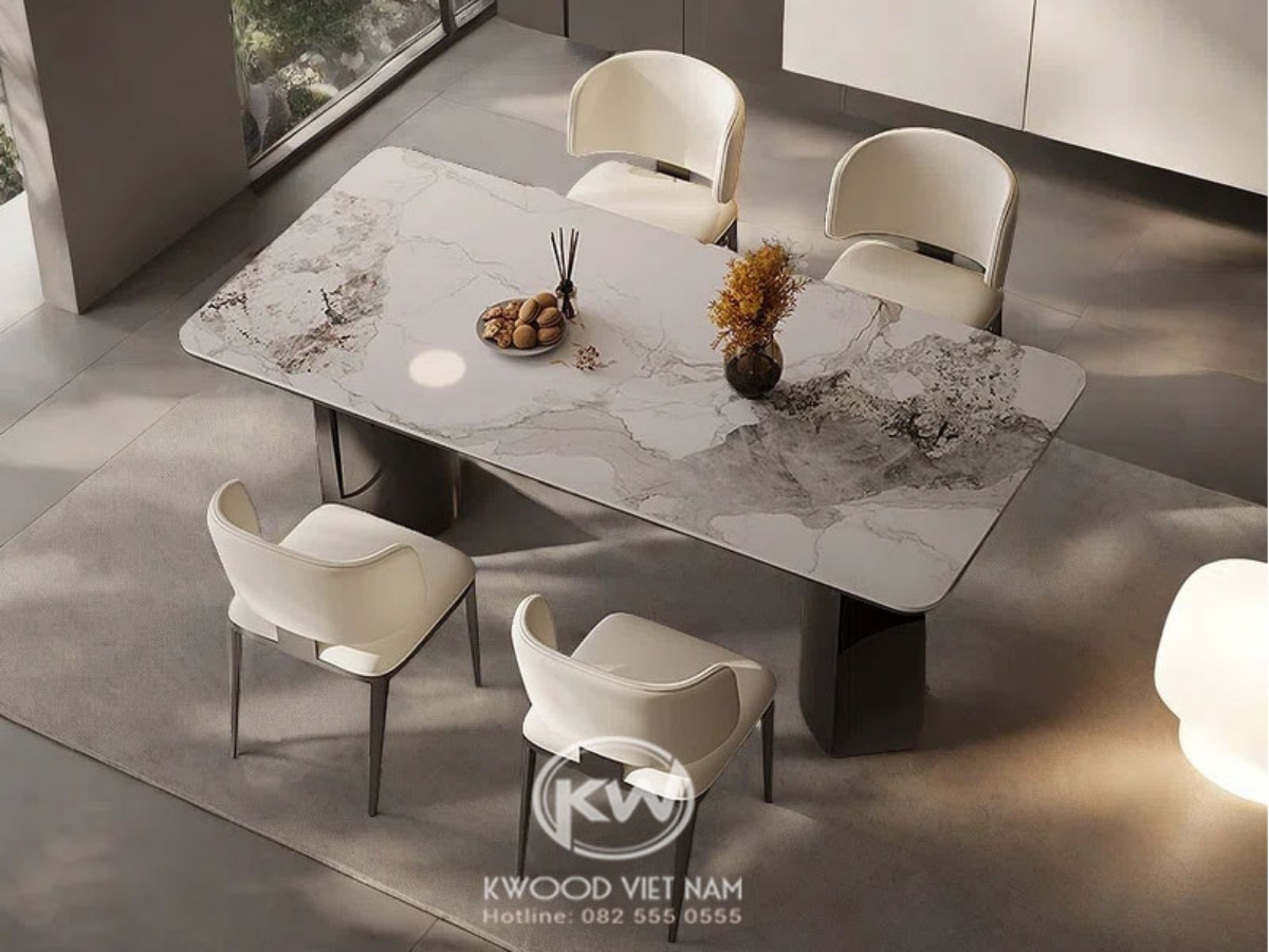 Bộ bàn ăn chung cư đẹp mặt đá hình chữ nhật chắc chắn Kwood Việt Nam