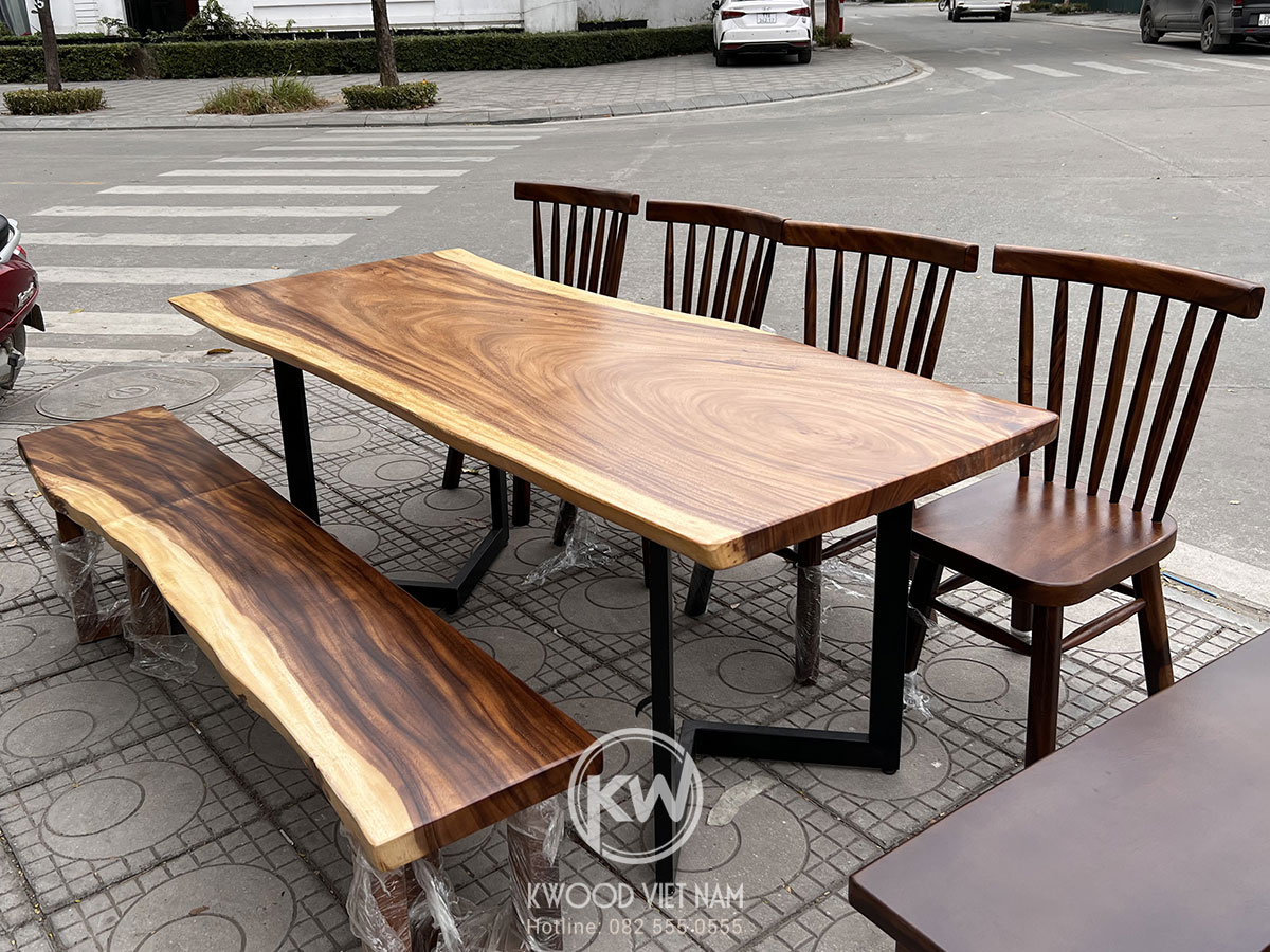 Bộ bàn ghế ăn gỗ me tây 4 ghế đơn 1 ghế băng - BMT108 (2)