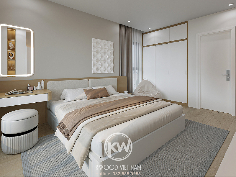 Giường gỗ tự nhiên sơn trắng được thi công bởi Kwood Việt Nam