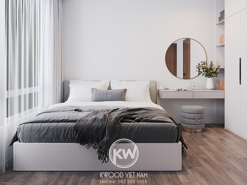 Giường gỗ màu trắng được thi công bởi Kwood Việt Nam
