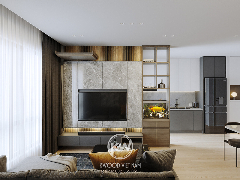 Nội thất quận 1 Kwood Việt Nam thi công phòng khách với kệ TV ốp đá sang trọng