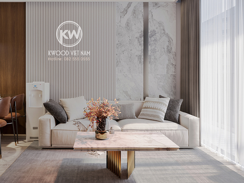 Nội thất phòng khách chung cư với ghế sofa kèm bàn cẩm thạch sang trọng