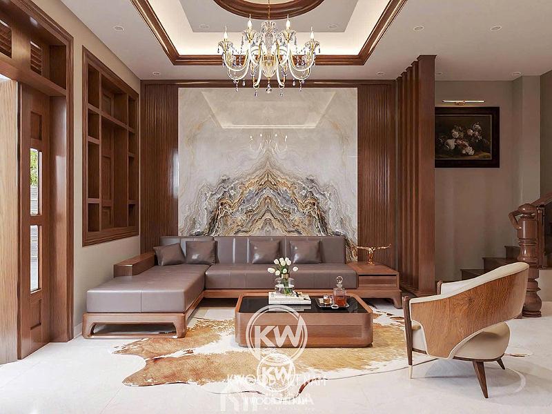 Bộ sofa gỗ phòng khách góc chữ L tạo nên không gian đẳng cấp, sang trọng