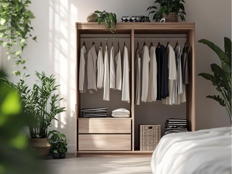 Bạn nên lựa chọn tủ quần áo có màu sắc tươi sáng hoặc vân gỗ (Nguồn: Sưu tầm)