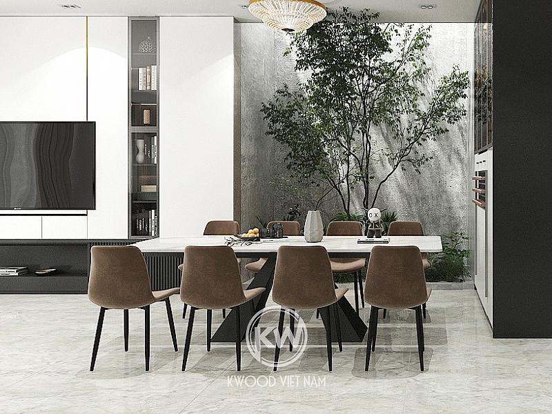 Mẫu bàn ăn 8 ghế được làm bằng da êm ái tone màu nâu sang trọng, lịch thiệp