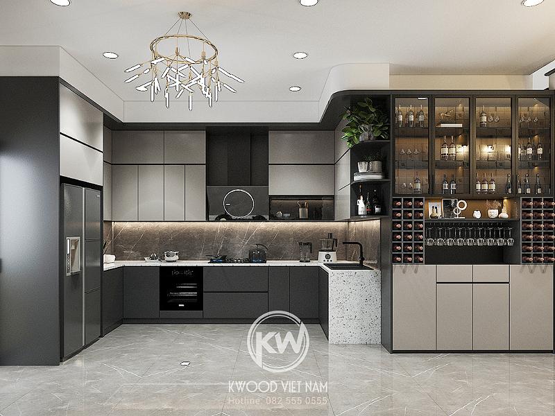 Mẫu bếp chữ U được bố trí khoa học tạo nên không gian bếp đẳng cấp, sang trọng