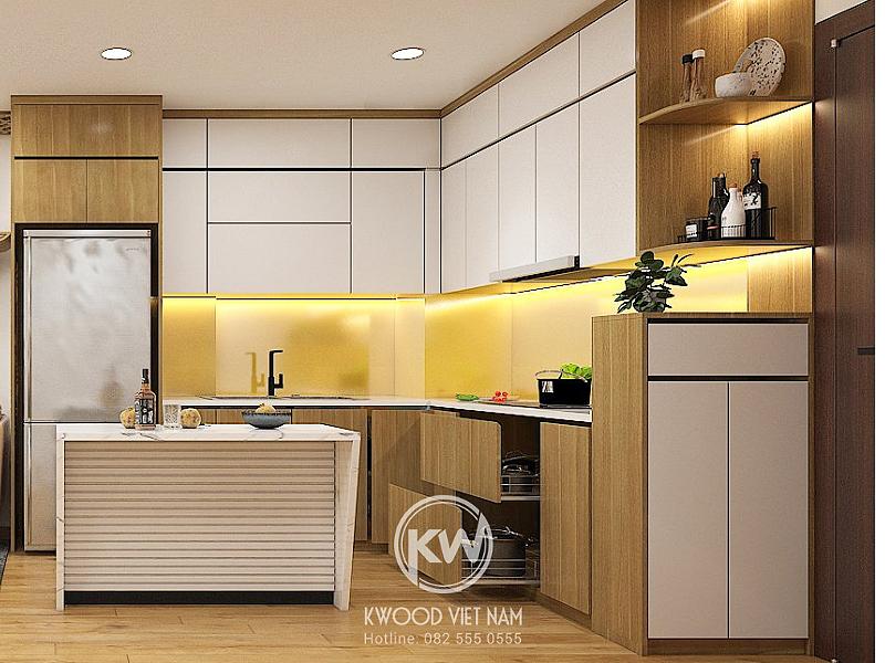 Mẫu bếp kết hợp bàn đảo giúp có thêm diện tích sử dụng cho không gian bếp