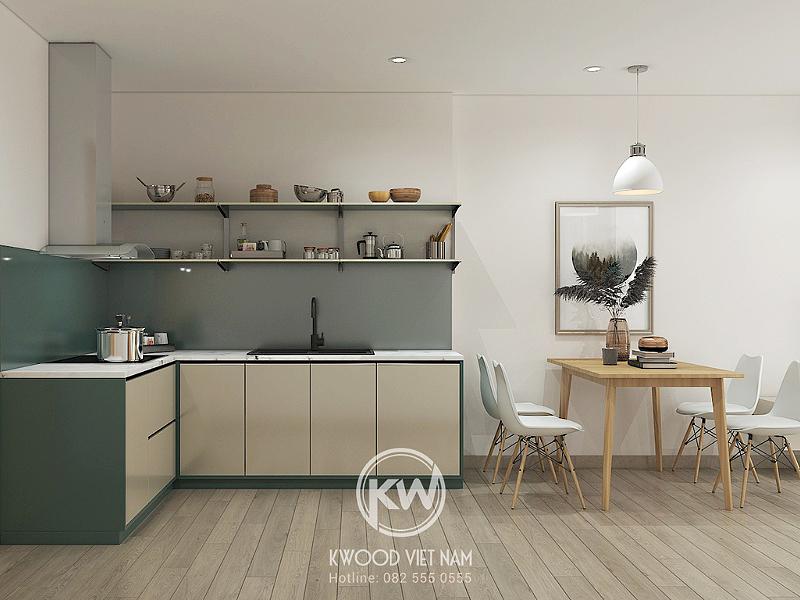 Mẫu tủ bếp hình chữ L được bố trí hợp lý và đơn giản tạo nên không gian thoáng đãng
