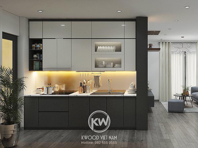 Mẫu bếp chữ I đơn giản mà hiện đại được thi công bởi Kwood Việt Nam