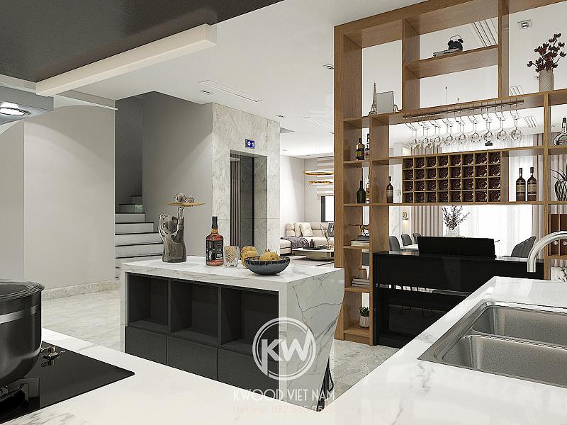 Mẫu bếp kết hợp bàn đảo bằng đá tạo nên không gian đẳng cấp, hiện đại