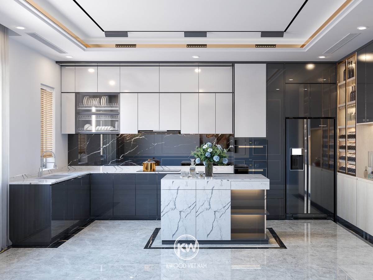 Tủ bếp chữ L gỗ công nghiệp HDF phủ Acrylic cao cấp - TB006