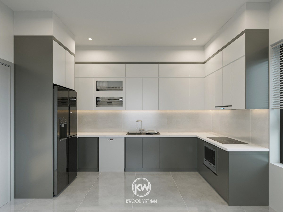 Tủ bếp chữ L gỗ công nghiệp MDF phủ Acrylic hiện đại - TB004