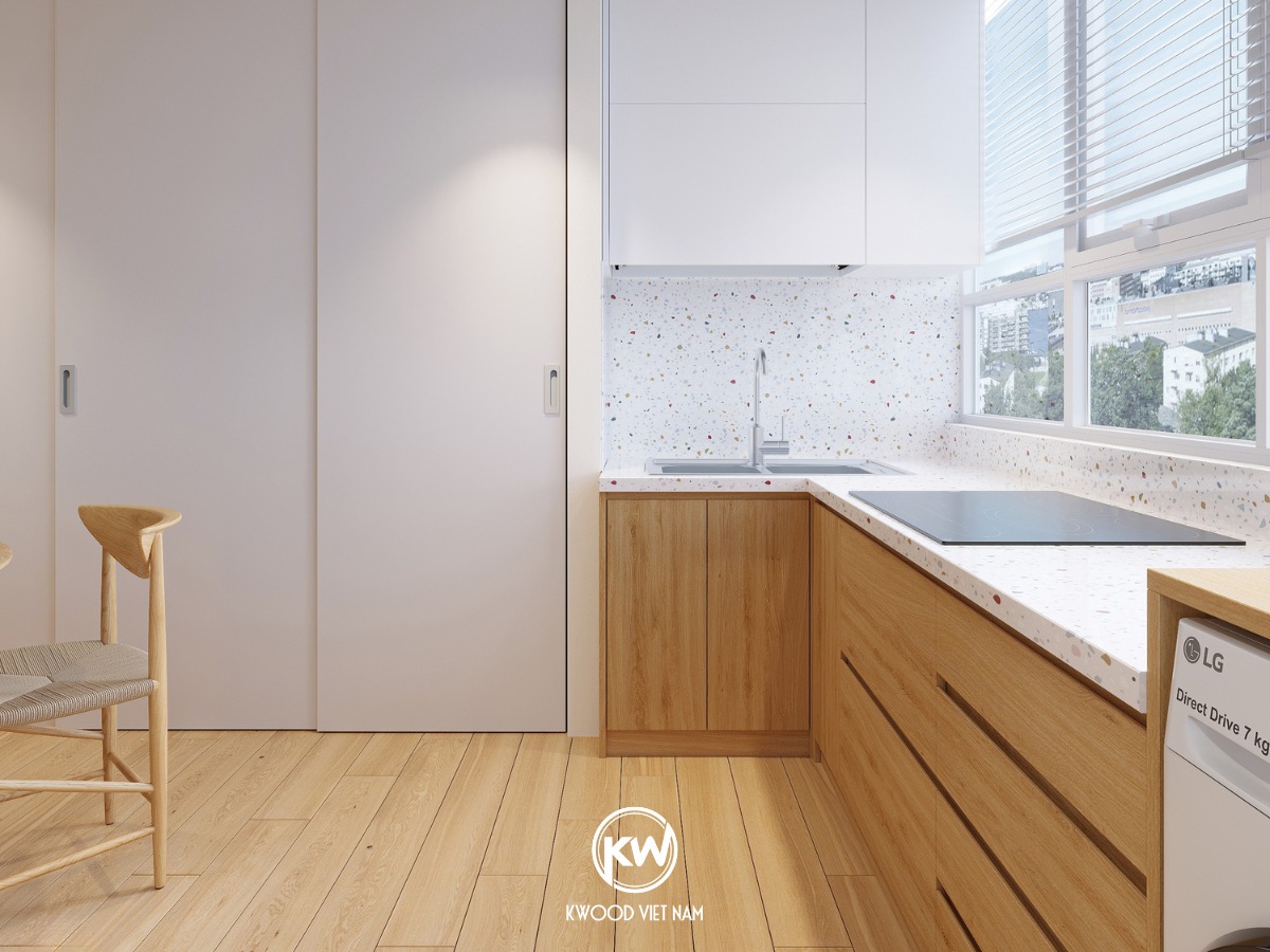 Sản phẩm tủ bếp gỗ công nghiệp MDF phủ Melamine chống ẩm thiết kế chữ L - TB012 tại Kwood Việt Nam