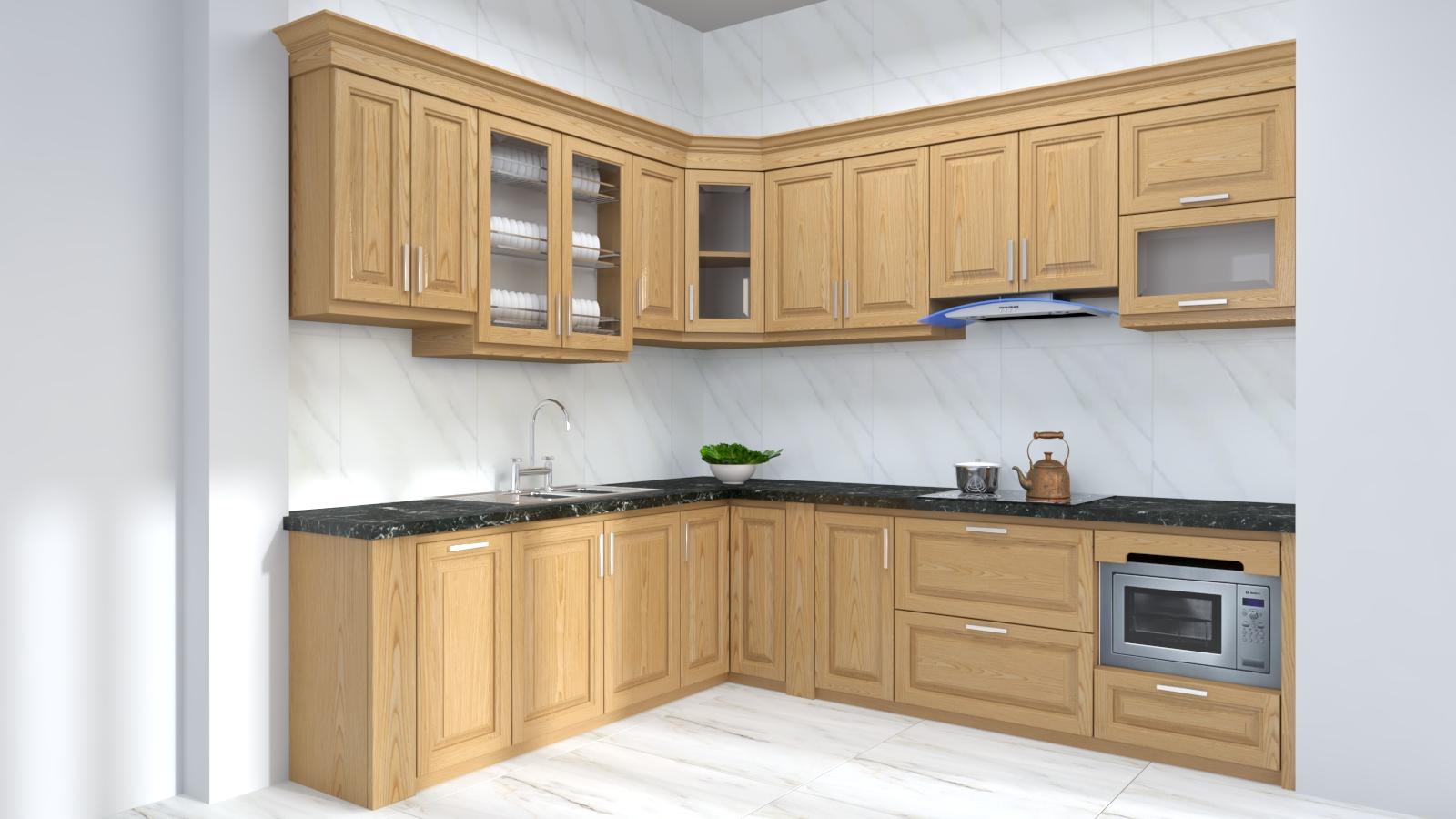 Mẫu thiết kế tủ bếp gỗ sồi chữ L cho căn hộ chung cư (Nguồn: sưu tầm)