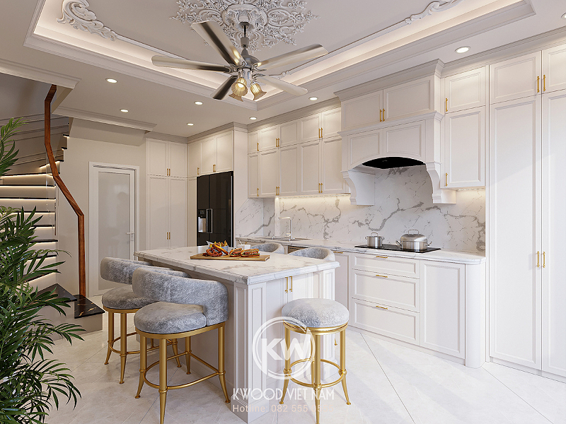 Mẫu tủ bếp chữ i kết hợp bàn đảo phong cách tân cổ điển của Kwood Việt Nam thi công