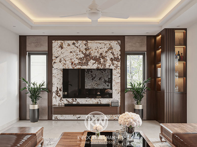 Mẫu trang trí kệ tivi với họa tiết phía sau