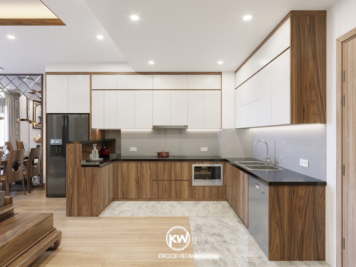 Sản phẩm tủ bếp gỗ công nghiệp MDF phủ Melamine vân gỗ tự nhiên - TB025 tại Kwood Việt Nam