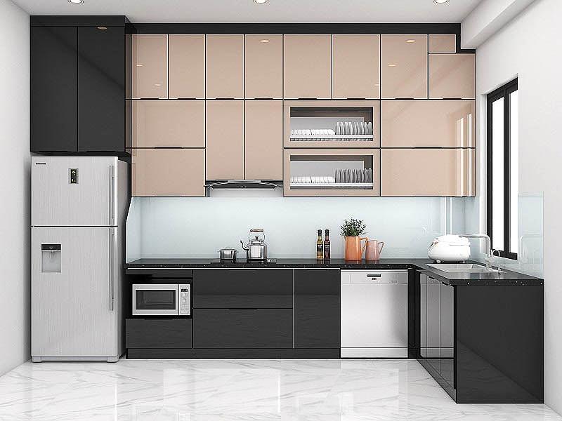 Mẫu tủ bếp inox cánh kính góc chữ L hiện đại giúp tiết kiệm không gian (Nguồn: Sưu tầm)