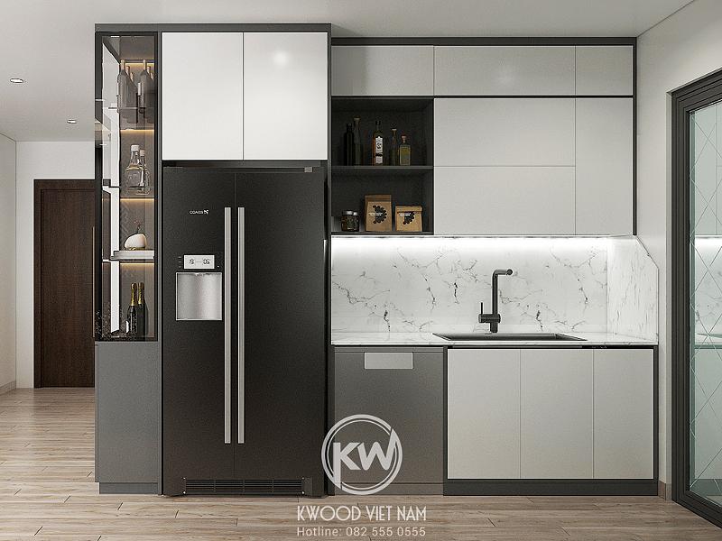 Với thiết kế hình chữ I, tủ bếp mini tận dụng được tối đa không gian căn bếp