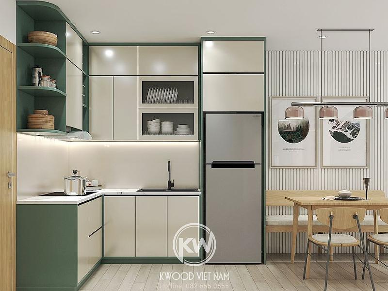 Tủ bếp nhỏ kết hợp giữa màu xanh lá và trắng mang đến sự mát mẻ và tươi mới cho căn bếp