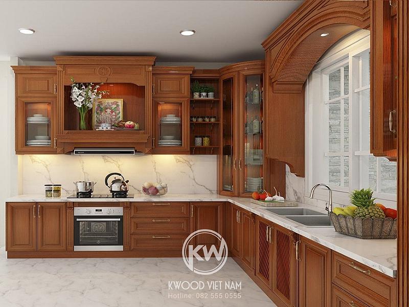 Thiết kế tủ bếp Tân cổ điển làm bằng gỗ tự nhiên cao cấp, chắc chắn và an toàn sức khỏe