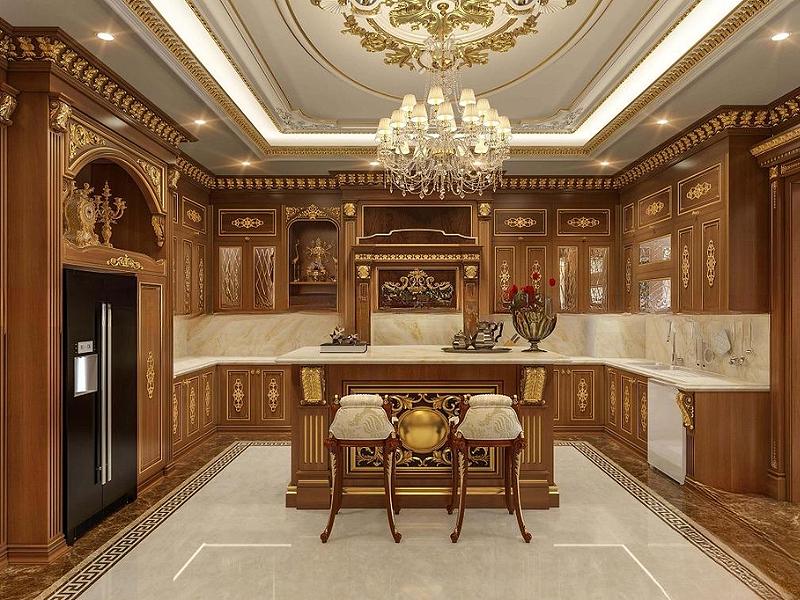 Tủ bếp tân cổ điển với bàn đá mang đến không gian thời thượng, quý phái (Nguồn: Sưu tầm)