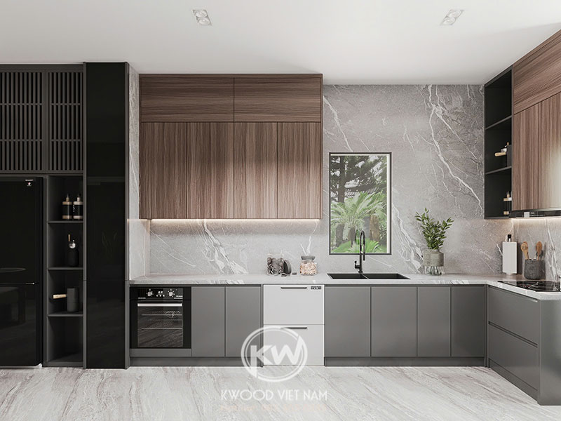 Mẫu tủ bếp trên treo tường bằng gỗ công nghiệp phủ Melamine hiện đại