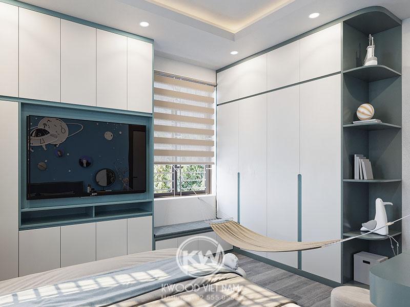Tủ quần áo gỗ công nghiệp 4 cánh kết hợp kệ trang trí (Nguồn: Sưu tầm)