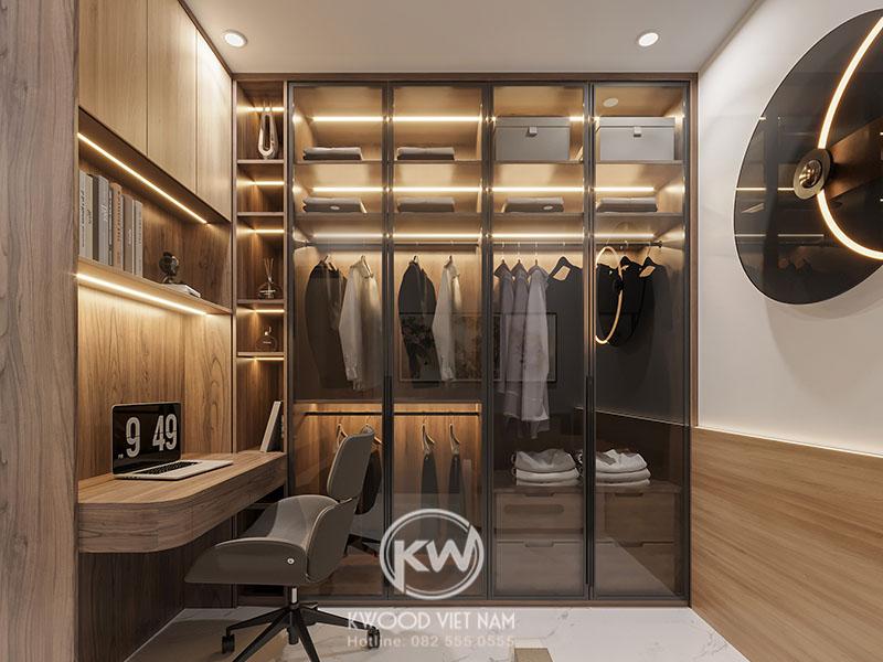 Tủ quần áo nhôm kính 4 cánh kết hợp kệ trang trí hiện đại (Nguồn: Sưu tầm)