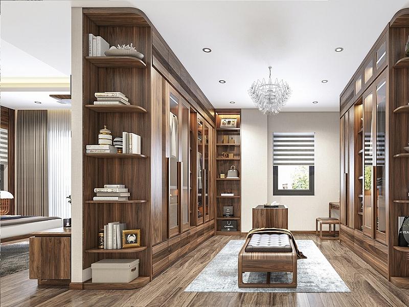 Tủ quần áo gỗ óc chó ngăn giữa phòng ngủ và phòng thay đồ rất tiện lợi và thanh lịch (Nguồn: Sưu tầm)
