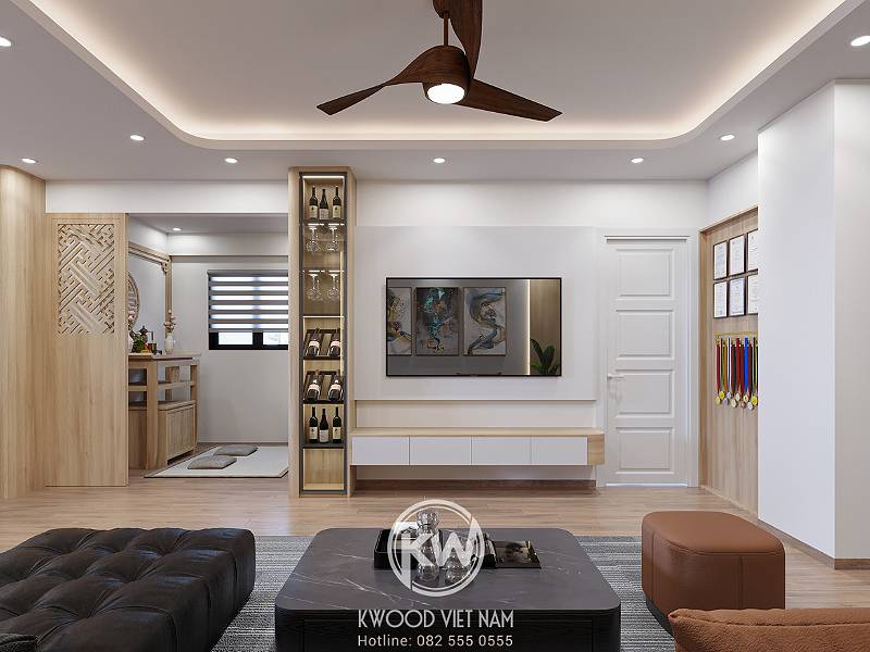 Mẫu kệ tivi tích hợp tủ rượu gỗ công nghiệp mang đến không gian phòng khách sang trọng và đẳng cấp