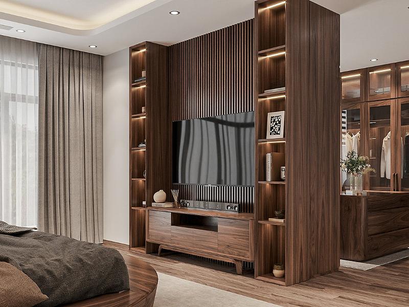 Kệ tivi gỗ óc chó cao cấp được lắp đặt đồng bộ với nội thất phòng ngủ mang đến không gian sang trọng và quý phái (Nguồn: Sưu tầm)