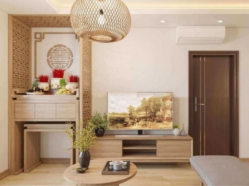 Kệ tivi gỗ công nghiệp dạng bẹt kết hợp bàn thờ (Nguồn: Sưu tầm)