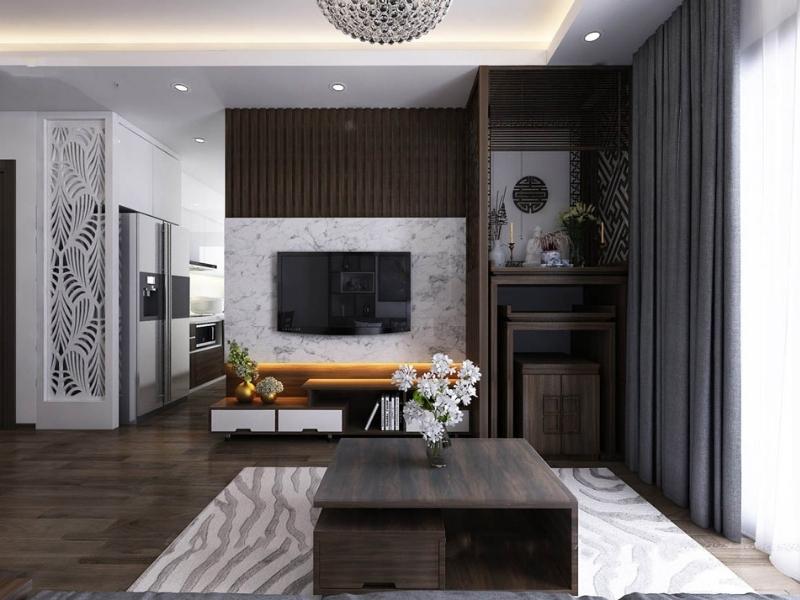 Kệ tivi gỗ công nghiệp MDF kết hợp bàn thờ chia ngăn (Nguồn: Sưu tầm)