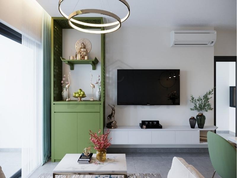Kệ tivi kết hợp bàn thờ phù hợp với phòng khách có diện tích hạn chế (Nguồn: Sưu tầm)