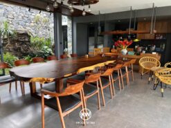 Bộ bàn gỗ me tây nguyên tấm 12 ghế dài 2m8 - BMT208