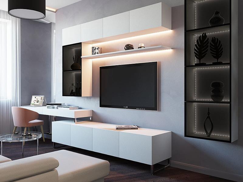 Bàn làm việc kết hợp kệ tivi được trang bị đèn LED hiện đại mang đến không gian gần gũi và ấm cúng (Nguồn: Sưu tầm)