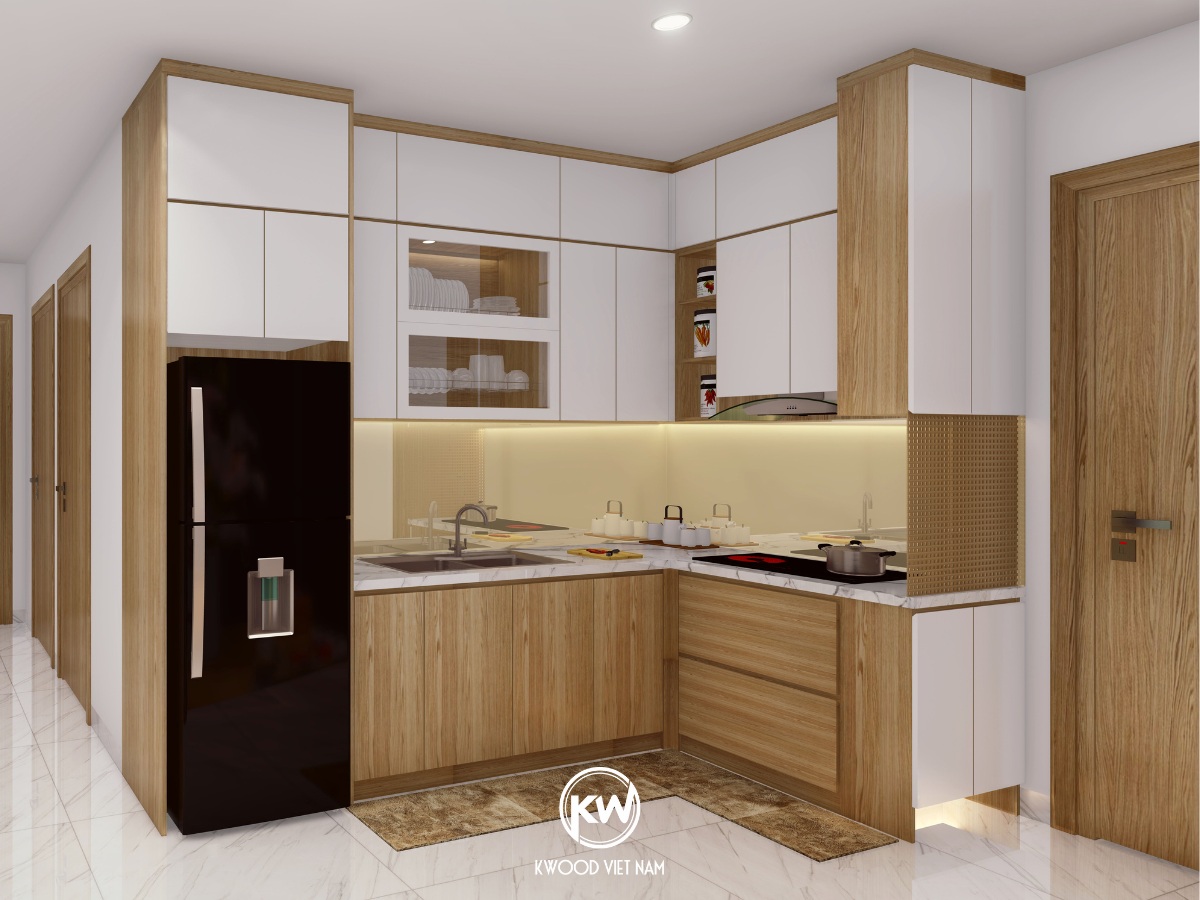 Tủ bếp gỗ công nghiệp MDF lõi xanh thiết kế chữ L - TB036
