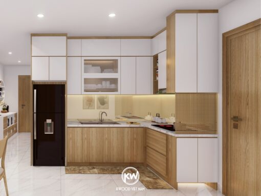 Tủ bếp gỗ công nghiệp MDF lõi xanh thiết kế chữ L - TB036