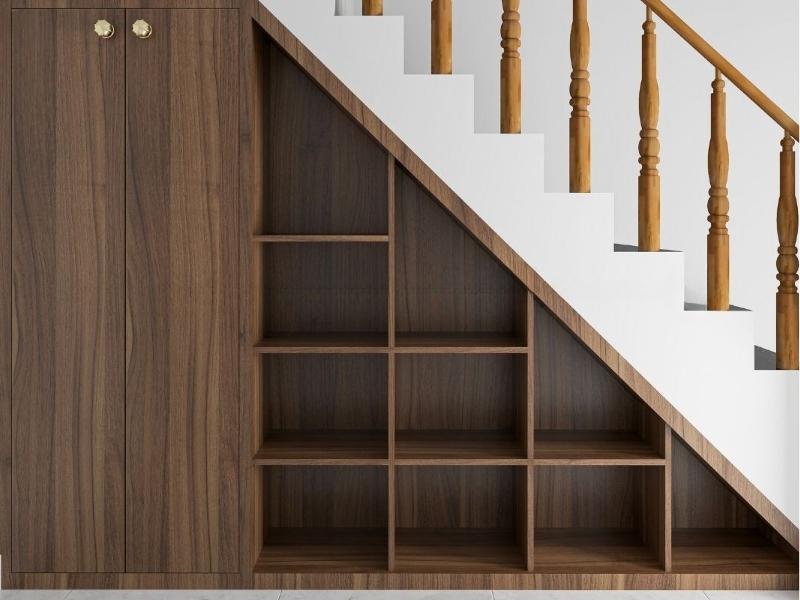 Mẫu tủ quần áo dưới gầm cầu thang chất liệu gỗ tự nhiên hiện đại (Nguồn: Sưu tầm)