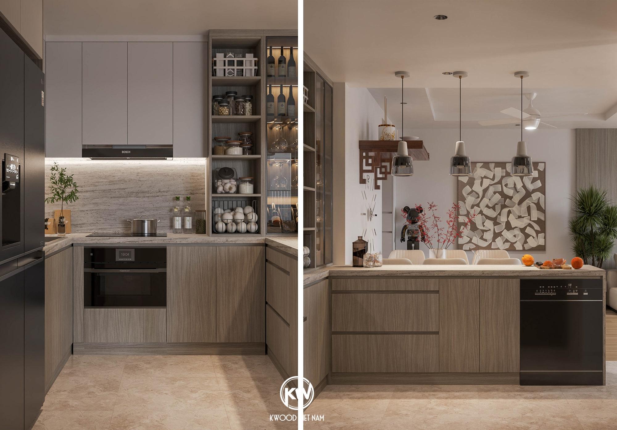 Mẫu tủ bếp có máy rửa bát theo hình chữ U với máy rửa bát được lắp ở bàn đảo tạo điểm nhấn, tăng tính tiện nghi