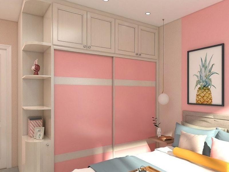 Mẫu tủ quần áo kịch trần màu hồng, cửa lùa cho phòng ngủ có diện tích lớn